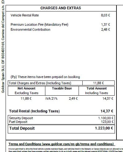 Booking document from Goldcar Mallorca